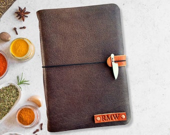 Personalized Leather Recipe Book in  Dark Brown with Knife Blank Cook Book Gift for Chef Bifold Dark Brown Cover Two-Tone with Knife