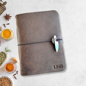Personalized Leather Recipe Book in  Dark Brown with Knife Blank Cook Book Gift for Chef Bifold Dark Brown Cover with Knife