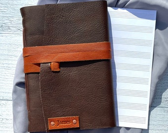 Leather Journal for Music Composition Dark Brown with Rust Strap Perfect Gift for Musician, Music Teacher, Orchestra and Band Teacher too