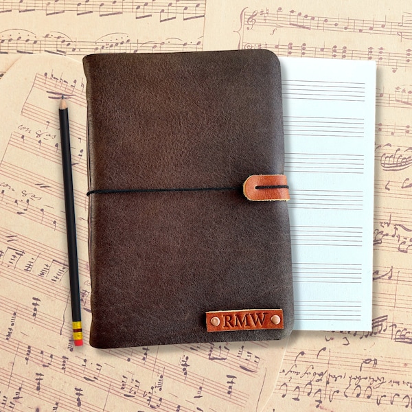 Personalized Dark Brown Leather Music Journal Song Writing Journal Dark Brown Two Toned Bifold Journal