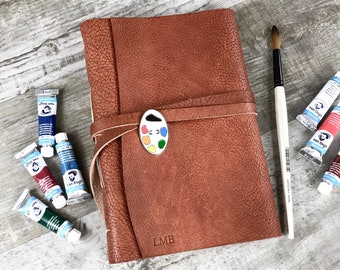 Personalisierte Leder Kunst Journal in Rost mit Farbpalette Geschenk für Künstler Personalisierte Leder Skizzenbuch Aquarell Tagebuch