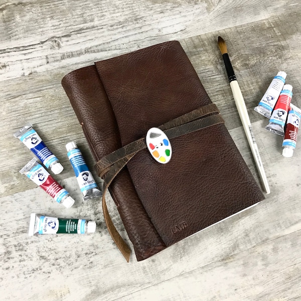 Watercolor Diary Personalized in Dark Brown with Paint Pallet Watercolor diary Leather Sketchbook Leather Art Journal Leather Watercolor