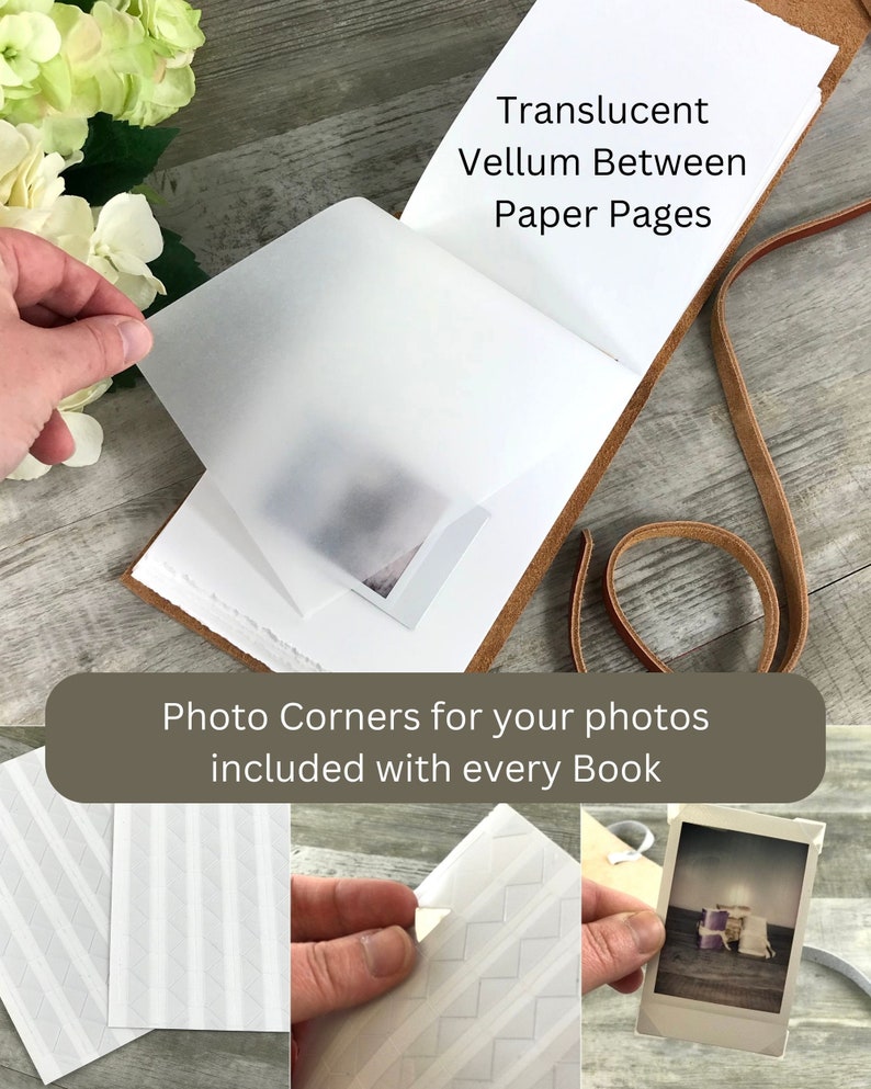 There's a translucent sheet of vellum in-between each paper page of the album, each page has a deckle edge.  The photo corners you need to put the photos on the pages come with your photo album.