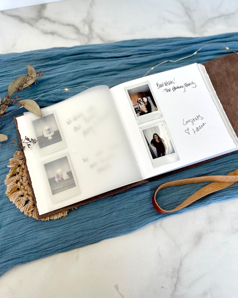 Personalized Leather photo albums have paper pages that you can not only put photos on but write on them.  Whether you use this as a photo album or guest book or both, it's thick pages look elegant with photos and an your personalized writing.