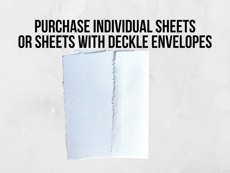 A sheet of soft white 5x7 inch handmade deckle edge paper with a deckle square flap envelopes, paper can be ordered with or without envelopes.