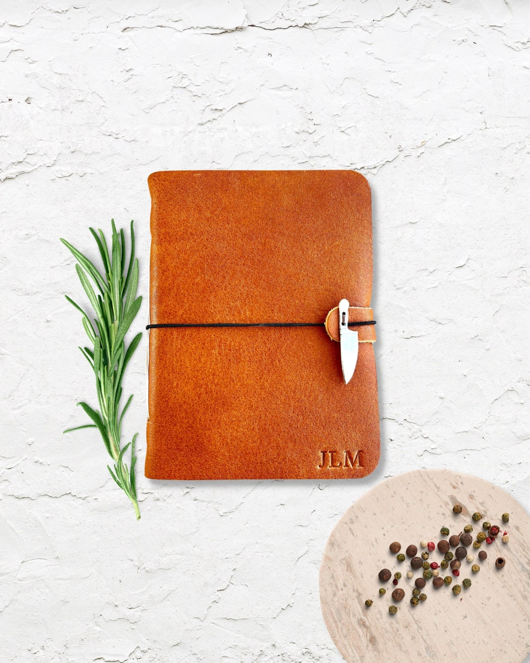 Personalized Leather Recipe Book in Rust With Knife, Custom Leather