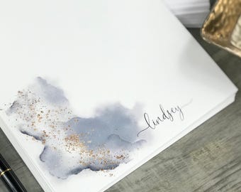 Letter Writing Stationery Set Personalized Simple Gray Watercolor with Gold Envelopes, Letter Writing Set Design 7