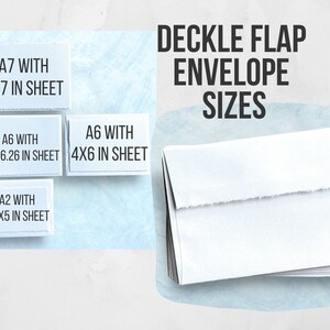 Deckle Envelopes sizes offered A7, A6, and A2 all slightly texted envelopes and with a square deckle flap