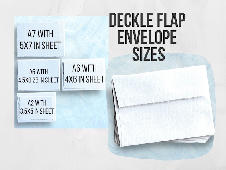 Deckle Envelopes sizes offered A7, A6, and A2 all slightly texted envelopes and with a square deckle flap