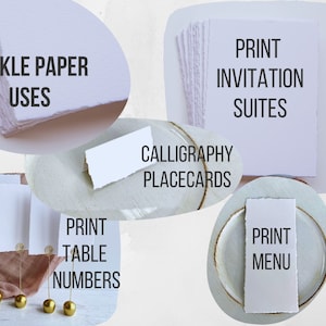 uses for our handmade deckle edge paper are table numbers, menus, place cards, invitations, details, and rsvp, plus so much more.