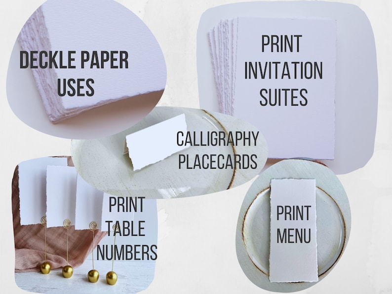 uses for our handmade deckle edge paper are table numbers, menus, place cards, invitations, details, and rsvp, plus so much more.