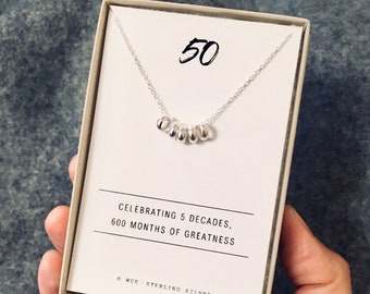 50th Birthday Sterling Silver Necklace: Five Decade Gift