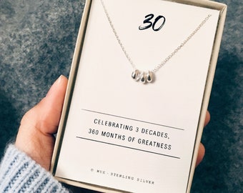 30th Birthday Necklace, Sterling Silver Gift for Her, Milestone Birthday Jewellery