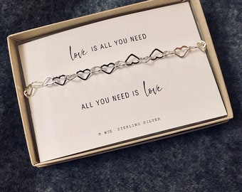 Heart Chain Female Bracelet. All You Need Is Love Bridesmaid Gift.