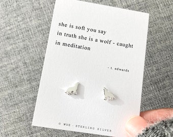 Silver Wolf Earrings • Personalised Gift Bag Option • Wolf In Meditation Ear Studs • Message Card With Original  Poem • 925 Sterling Silver