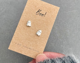 Sterling Silver Ghost Earrings, Halloween Studs, Personalized Gift Bag