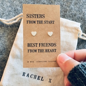 Sisters Heart Earrings, Sterling Silver Studs, Gift for Sister or Best Friend, Personalised Jewellery, &#39;Sisters from the Start&#39; Message Card