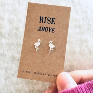 Flamingo Earrings. Sterling silver ear studs on a Rise Above Message Card. New Beginnings Gift.