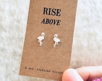 Flamingo Earrings. Sterling silver ear studs on a Rise Above Message Card. New Beginnings Gift.