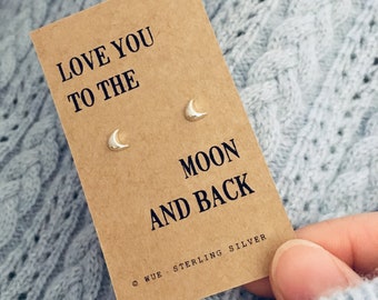 Moon And Back Earrings. Sterling Silver Crescent Moon Ear Studs. Shoot For The Moon.