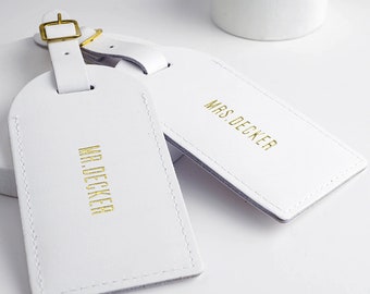 Mr & Mrs Wedding Luggage Tags • Personalised Handmade Leather Luggage Labels • Something Blue  Gift Idea • Honeymoon Travel Gift Idea