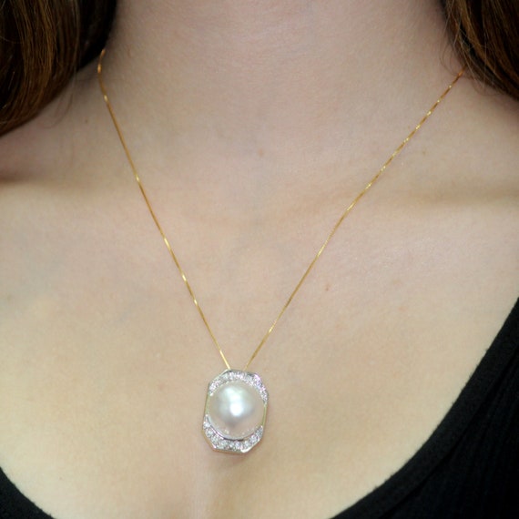 Estate Mabe Pearl Diamond Slider Pendant 14K Yell… - image 3