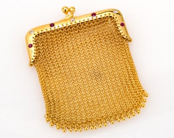 Vintage 18K Yellow Gold 0.40 CTW One of a Kind Round Diamond & Ruby Ladies Mesh Purse