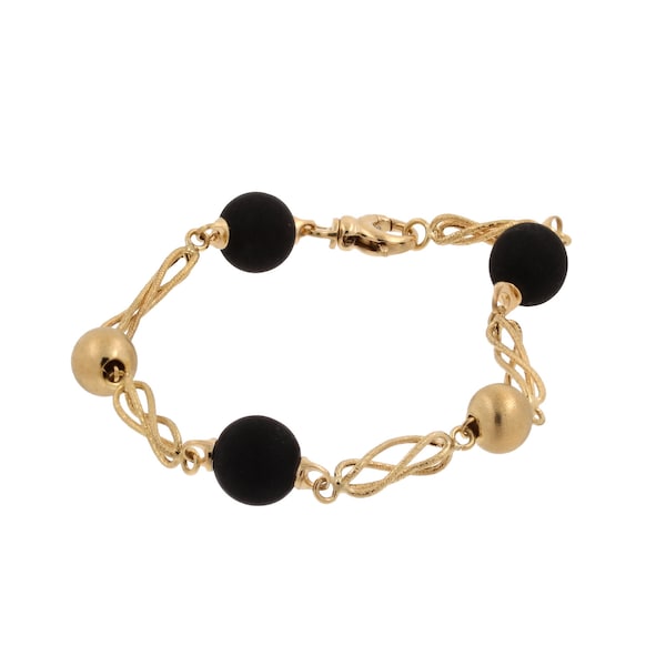 Milros Twisted Bracelet With 18K Yellow Gold & Black Beads Italy 7.75"