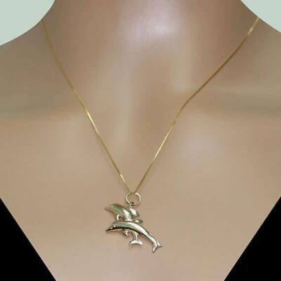 Dolphins Pendant Charm 14K Yellow Gold Pair of Do… - image 1