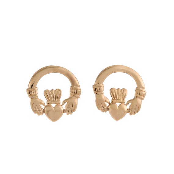Claddagh Stud Earrings Solid 14K Yellow Gold 0.55"
