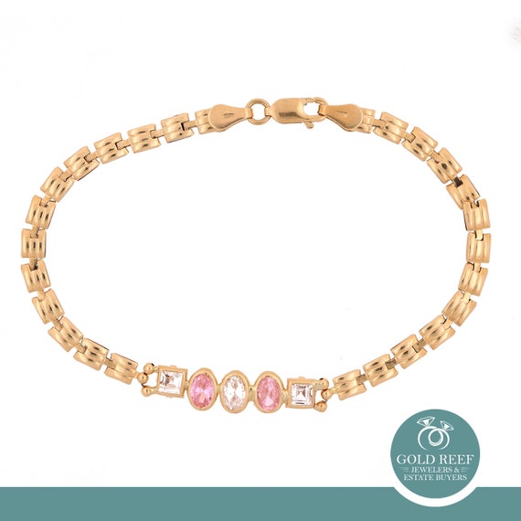 Vintage Pink White Glass Stone Fancy Chain Bracel… - image 1