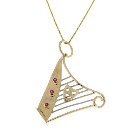Musical Harp Pendant Charm 14K Yellow Gold Pink S… - image 1