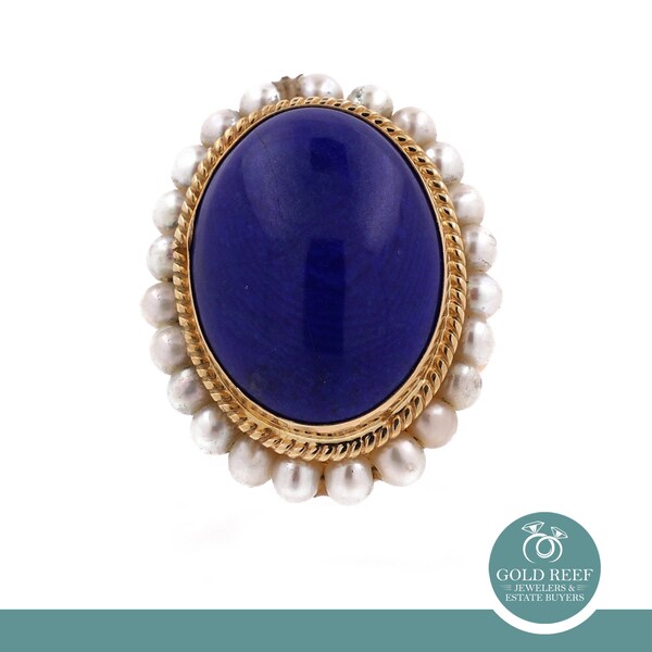 Vintage Lapis Lazuli Pearl Floral Ring 18K Yellow Gold Flower Statement Size 7.5