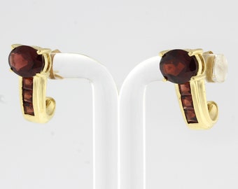 Garnet Gemstone J Hoop Earrings 14K Yellow Gold 0.50" Drop Vintage Estate Ladies