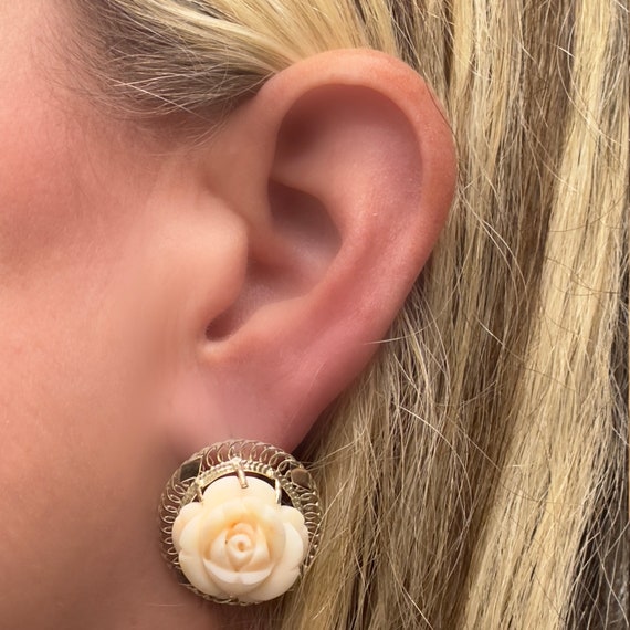 Carved Angel Skin Coral Rose Flower Drop Earrings… - image 2