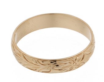 Vintage 14K geelgoud bloemenblad band ring 5,25 mm brede maat 14,75 unisex