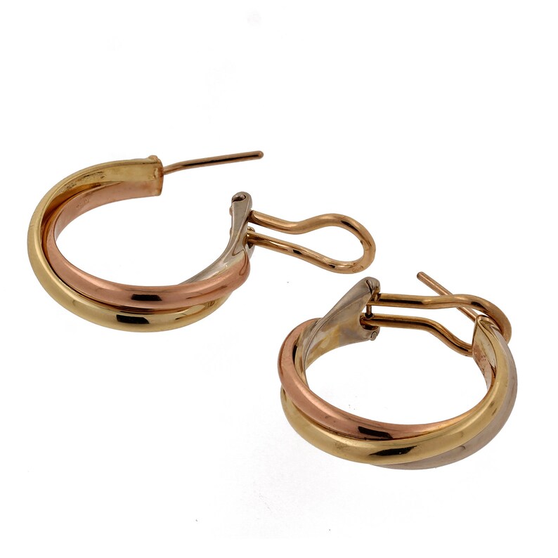 Cartier 18K Tri-Color Gold Trinity Hoop Earrings Omega Backs Round 0.80" Estate afbeelding 3