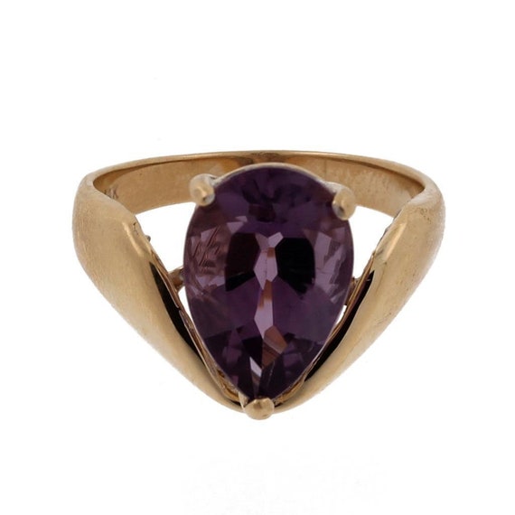 Pear Amethyst Gem Solitaire Cocktail Ring 14K Yell