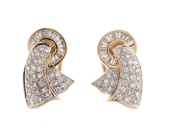 Estate Cluster Diamond Ribbon Earrings 14K 2-Tone Gold 1.70 TW Omega Backs 0.70"