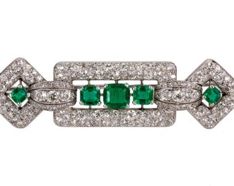 Platinum Natural Colombian Emeralds & Old Euro Diamond Brooch 15.50 CTW GIA Cert