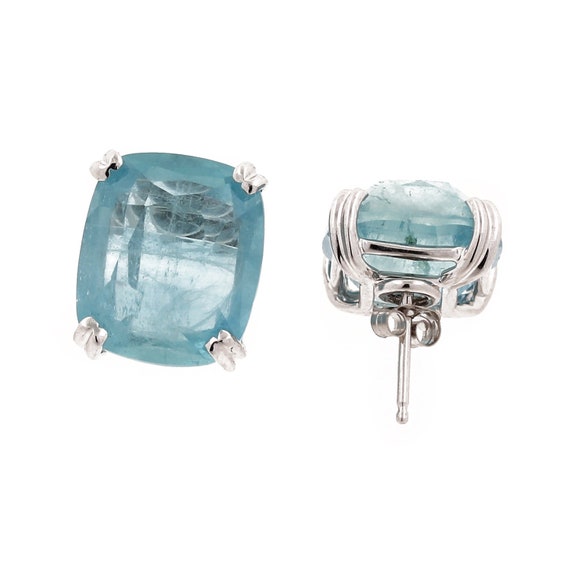 Antique Cushion Cut Aquamarine Stud Earrings 18K … - image 3