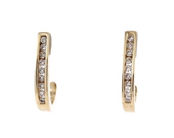 Round Diamond J Hoop Earrings 10K Yellow Gold 0.36 TW Channel Set Diamonds 0.60"