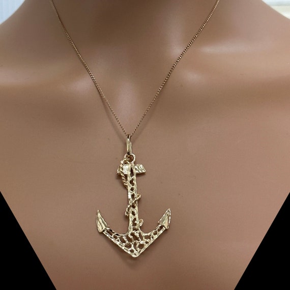 Anchor Charm Pendant 14K Yellow Gold Filigree 2" … - image 2