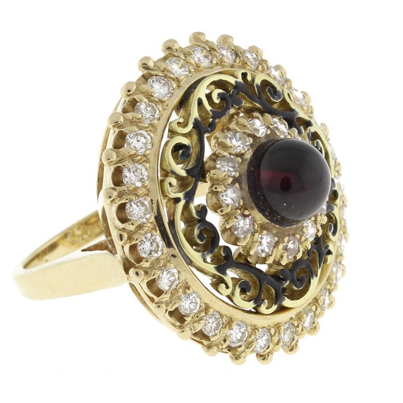 Vintage Garnet Diamond Statement Ring 14K Yellow … - image 3