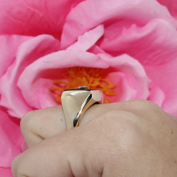 Men's Black Onyx Diamond Signet Ring 10K Yellow G… - image 4