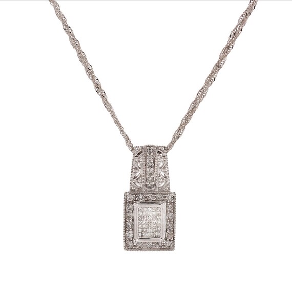 Diamond Filigree Square Pendant Chain Necklace 14… - image 1