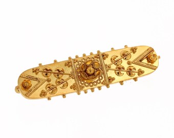 Antieke Victoriaanse 15 kt geelgouden Etruskische Revival-staafspeld 1,60"