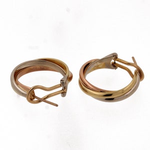 Cartier 18K Tri-Color Gold Trinity Hoop Earrings Omega Backs Round 0.80" Estate afbeelding 4