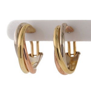 Cartier 18K Tri-Color Gold Trinity Hoop Earrings Omega Backs Round 0.80" Estate