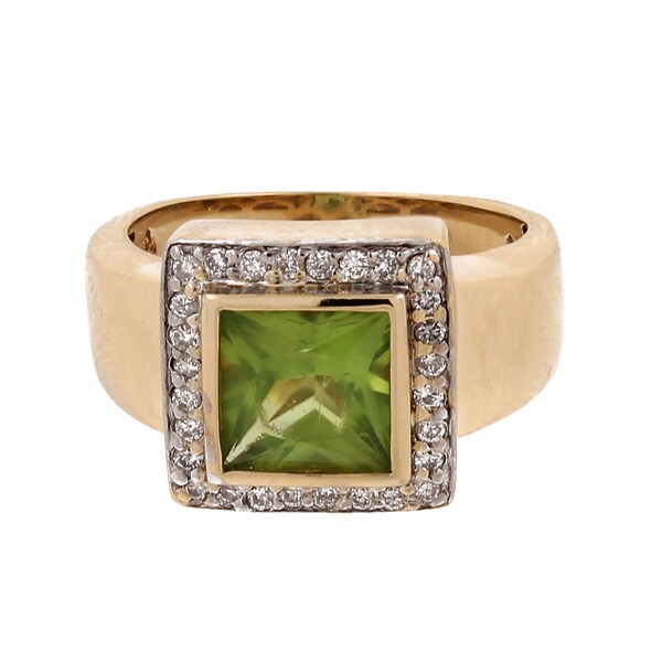 Peridot Diamond Square Set Ring 14K Yellow Gold 2.00 TW Bezel Halo SZ 5.5 Estate